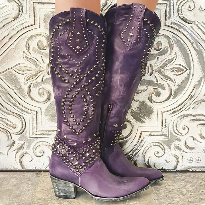 Bottes hautes femme à bout pointu et talon bloc moyen – Iris – Violet