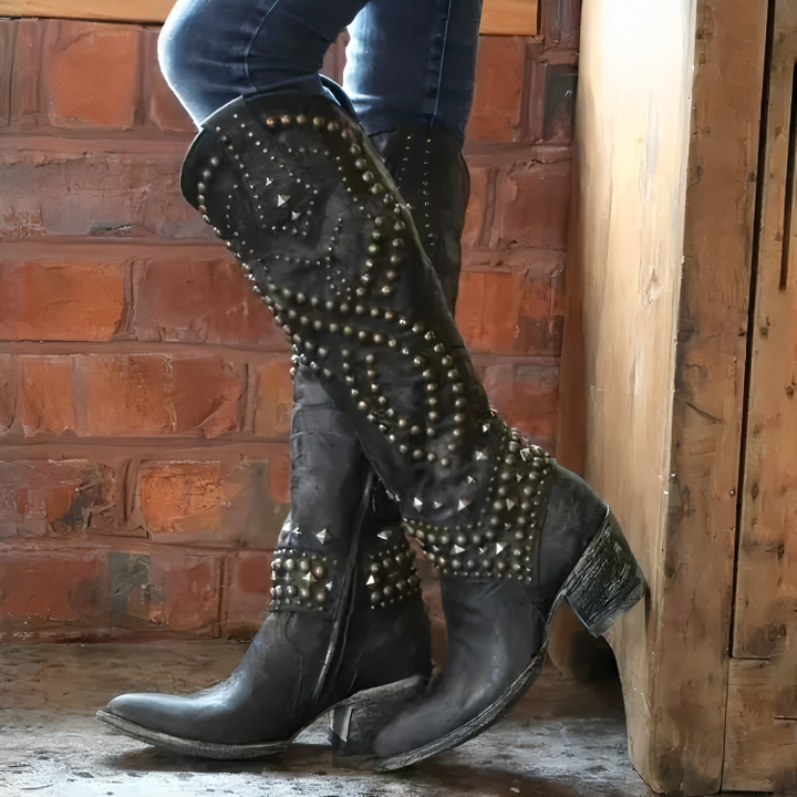 Bottes hautes femme à bout pointu et talon bloc moyen – Iris – Noir