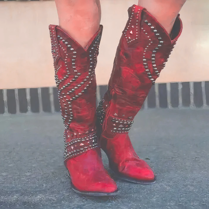 Bottes hautes femme à bout pointu et talon bloc moyen – Iris – Rouge