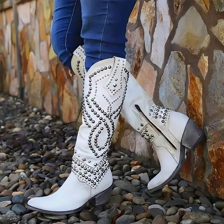 Bottes hautes femme à bout pointu et talon bloc moyen – Iris – Blanc