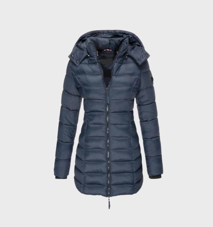 Manteau long femme tendance à capuche et doublure douce – Drune – Bleu