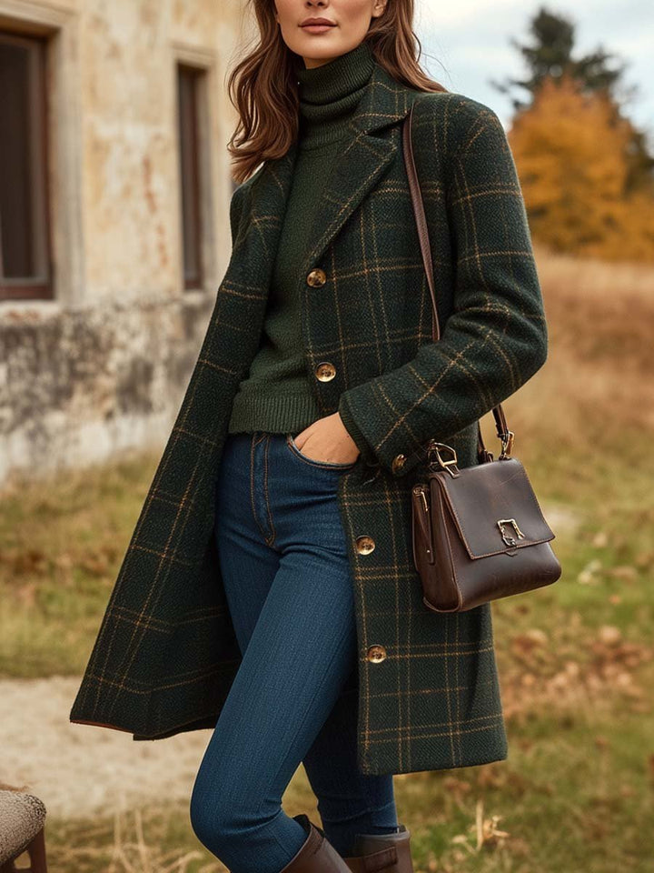 Manteau long femme à carreaux en laine mélangée à col revers – Sarah - Vert foncé