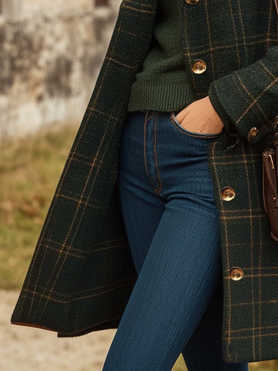 Manteau long femme à carreaux en laine mélangée à col revers – Sarah - vue 3
