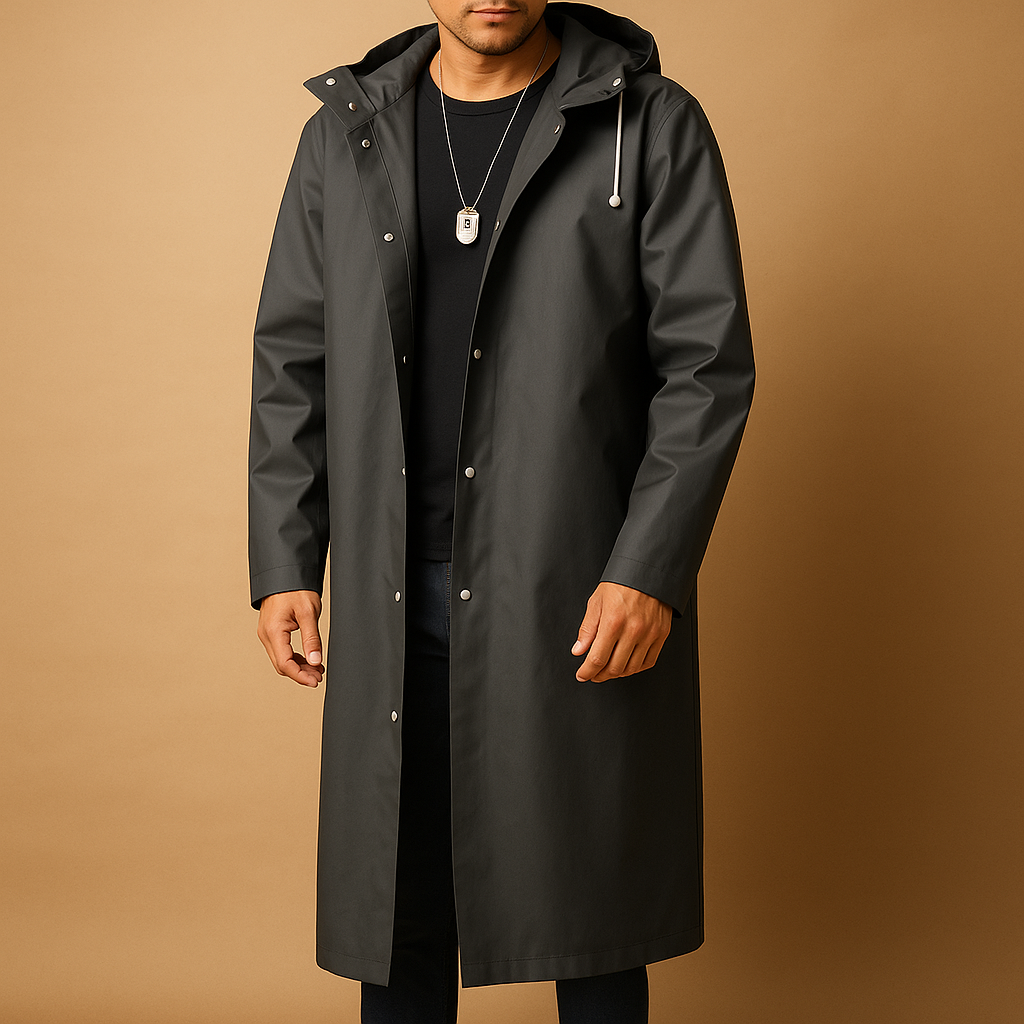 Manteau de pluie long homme à capuche et boutons pression – Damien - vue 1