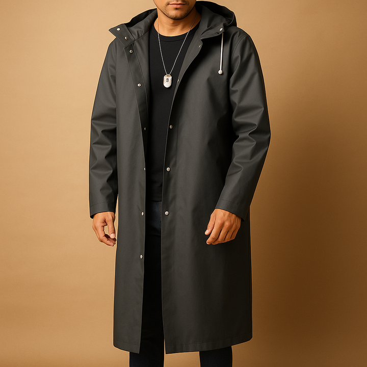 Manteau de pluie long homme à capuche et boutons pression – Damien - vue 1