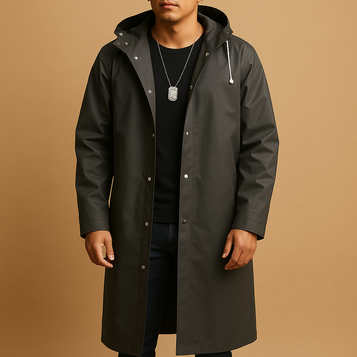 Manteau de pluie long homme à capuche et boutons pression – Damien - Noir