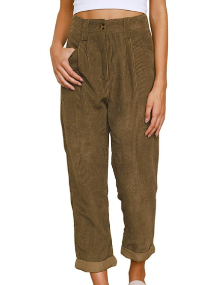 Pantalon femme en velours côtelé taille haute à pinces – Pauline - Marron