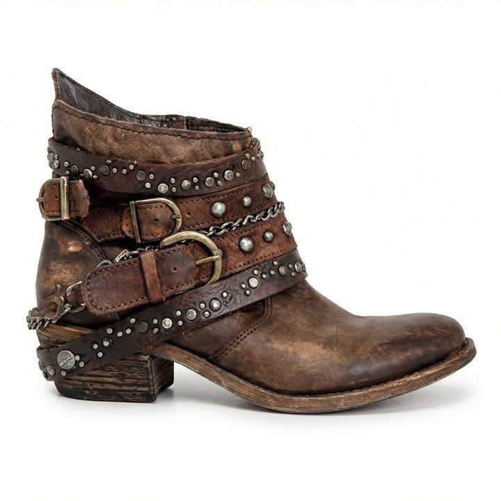 Bottines femme en cuir patiné à brides cloutées – Léonie – Marron