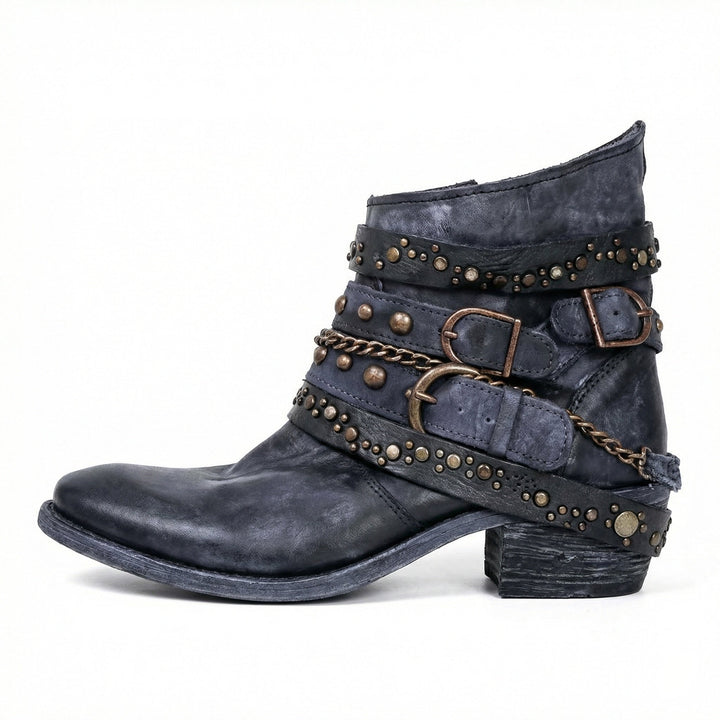 Bottines femme en cuir patiné à brides cloutées – Léonie – Bleu