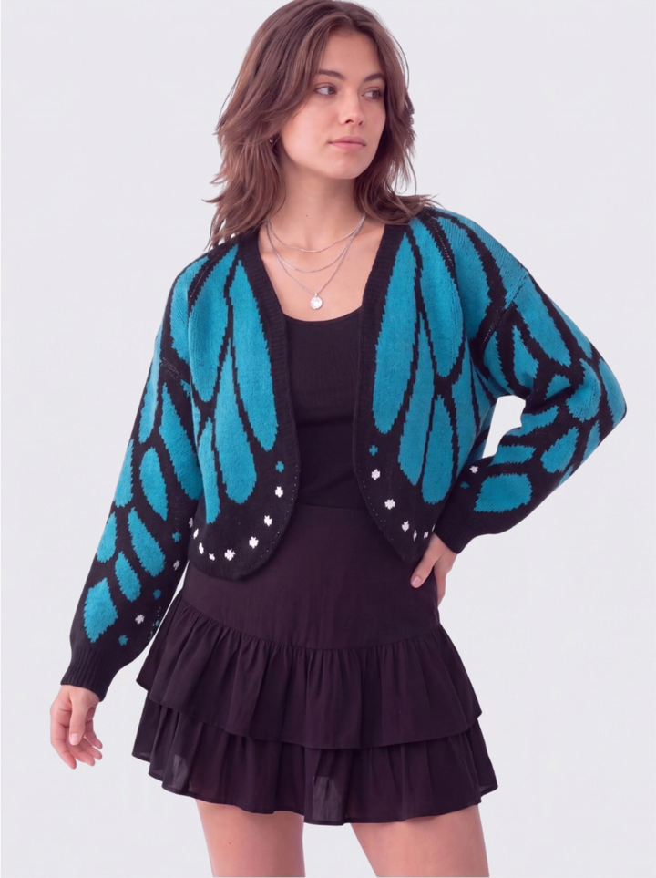 Cardigan femme en maille à motif ailes de papillon et col V – Louise - Bleu clair