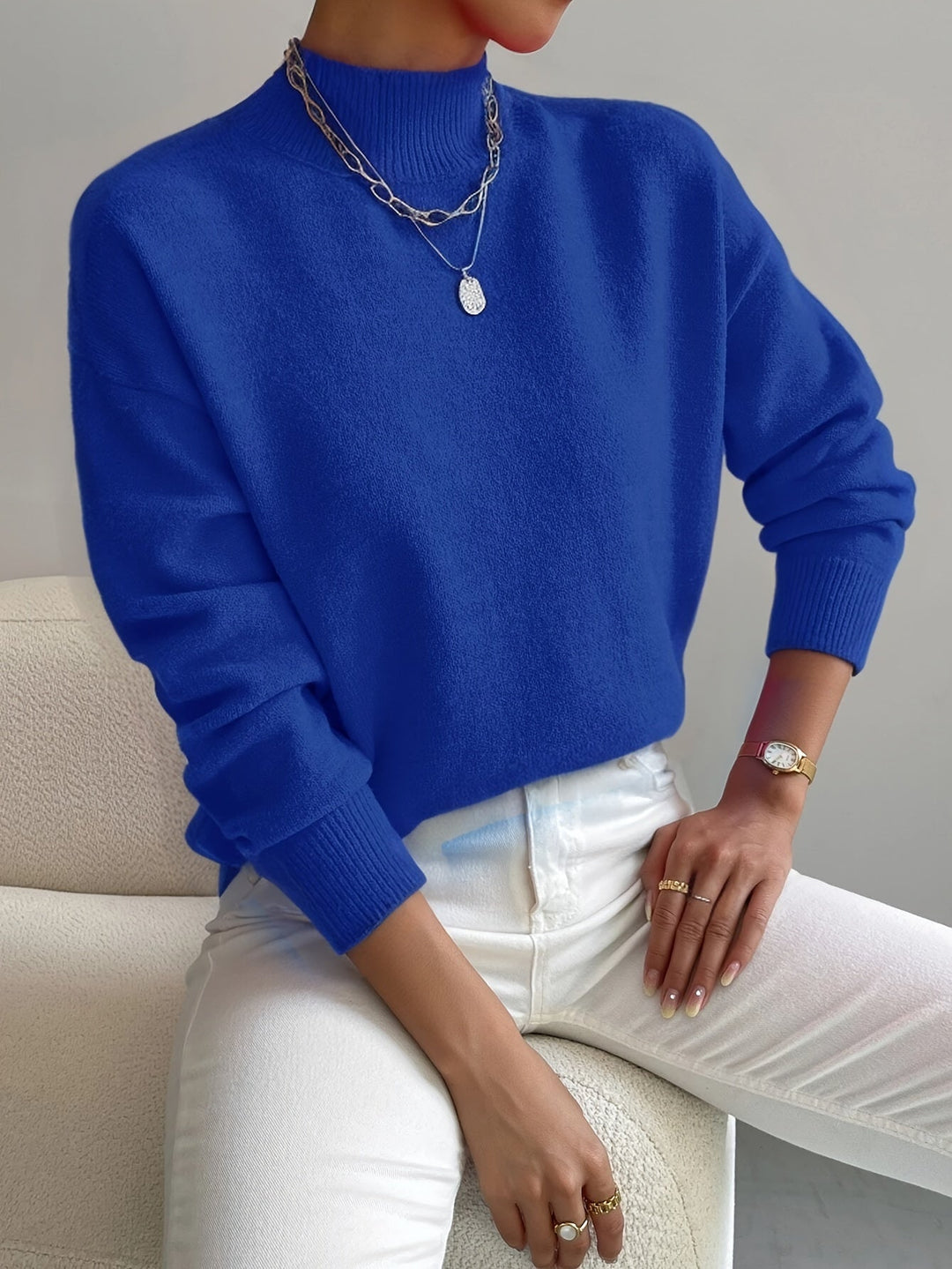 Pull femme col montant en maille douce coupe décontractée – Alice - Bleu