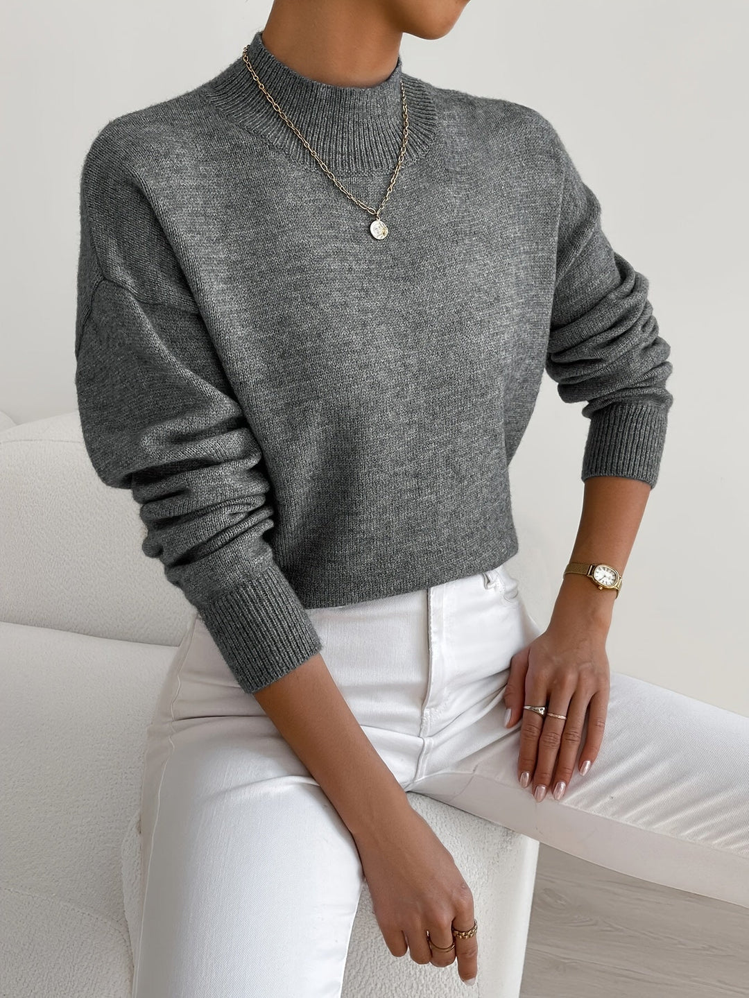 Pull femme col montant en maille douce coupe décontractée – Alice - Gris foncé