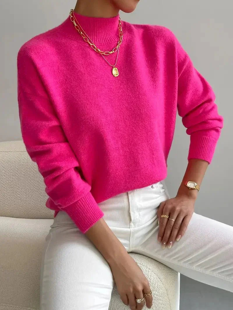 Pull femme col montant en maille douce coupe décontractée – Alice - Rose