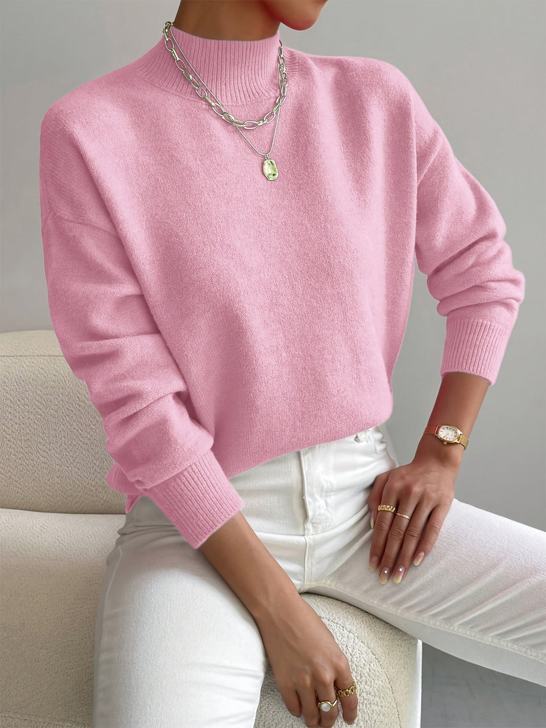 Pull femme col montant en maille douce coupe décontractée – Alice - Rose clair