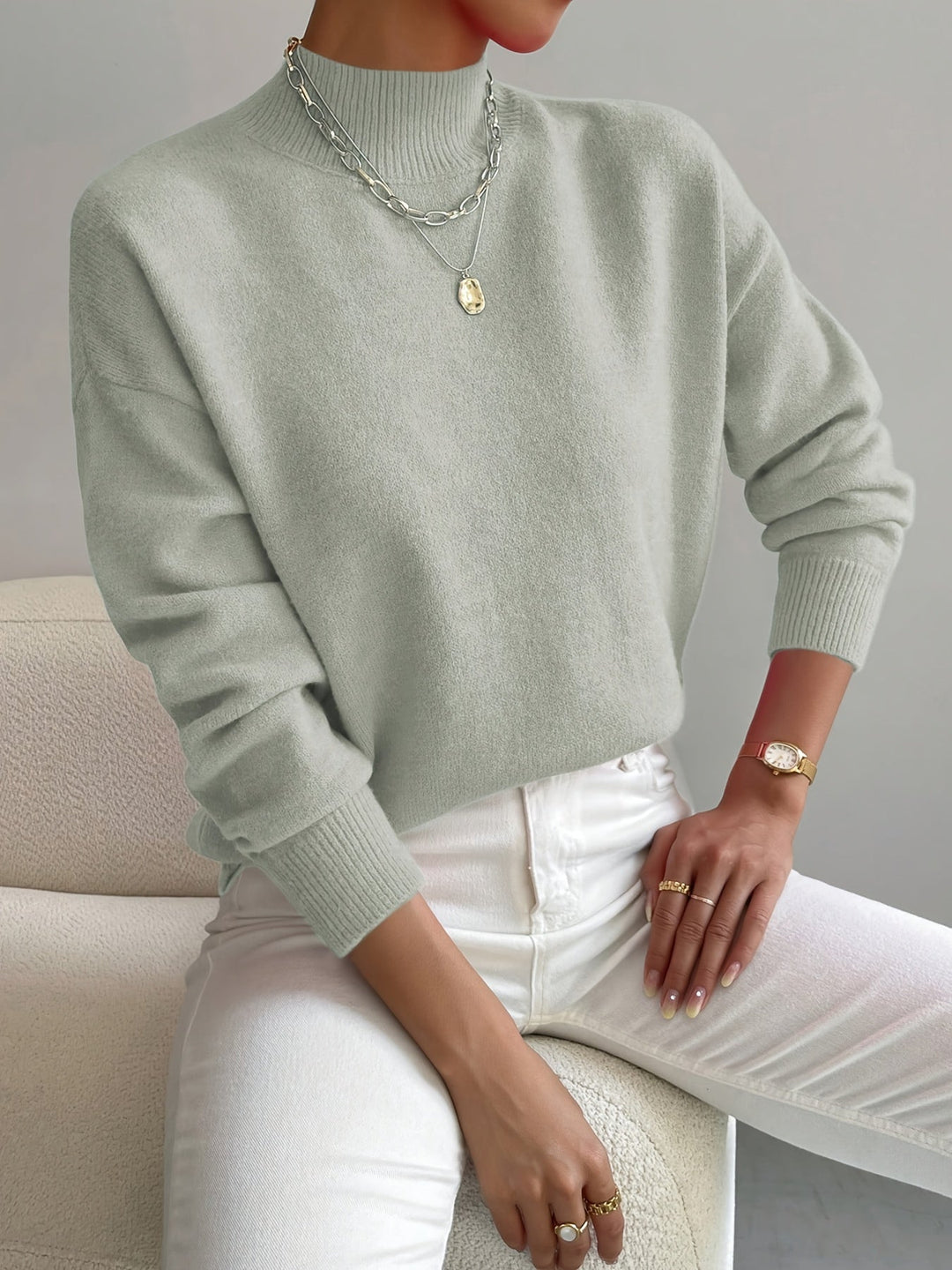 Pull femme col montant en maille douce coupe décontractée – Alice - Vert clair