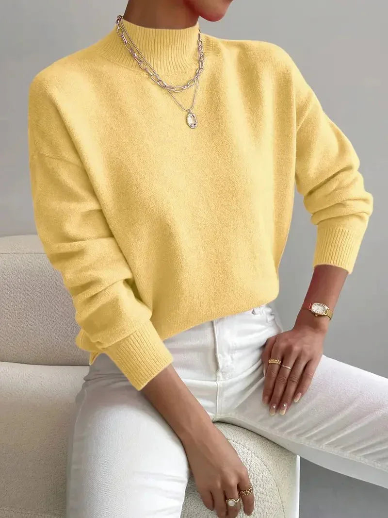 Pull femme col montant en maille douce coupe décontractée – Alice - Jaune