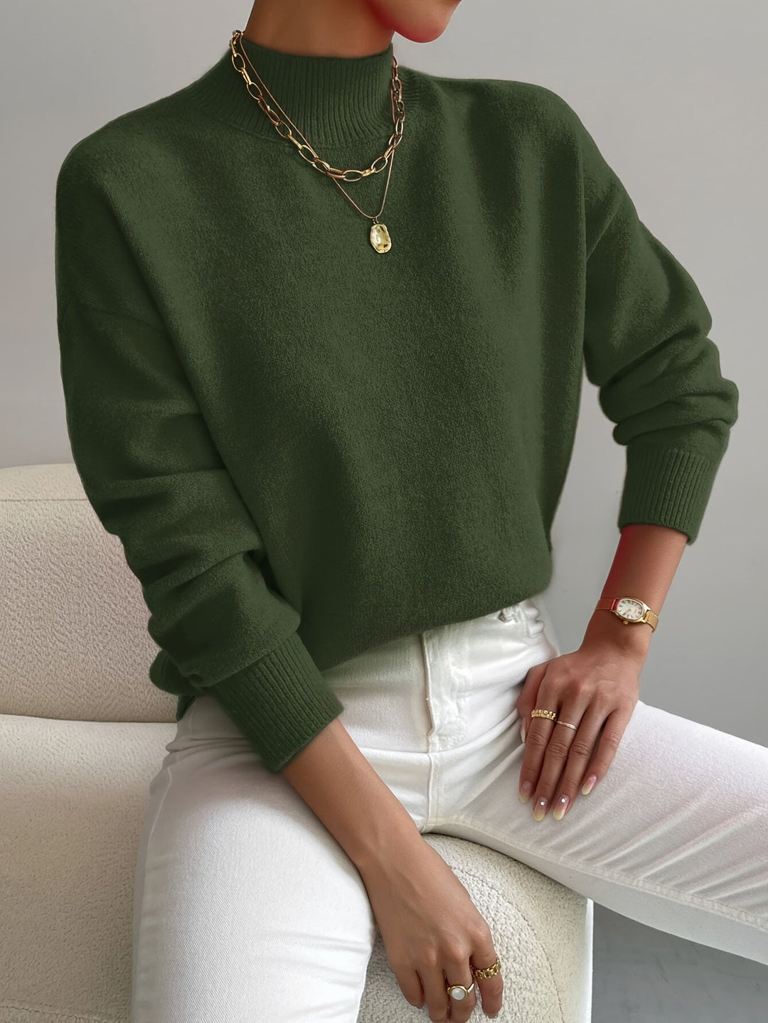 Pull femme col montant en maille douce coupe décontractée – Alice - Vert