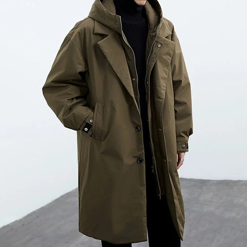 Parka longue homme ouatinée à capuche et col tailleur – Théo - Vert armée