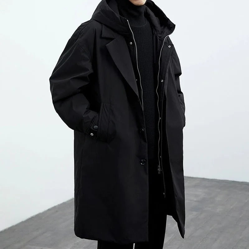 Parka longue homme ouatinée à capuche et col tailleur – Théo - Noir