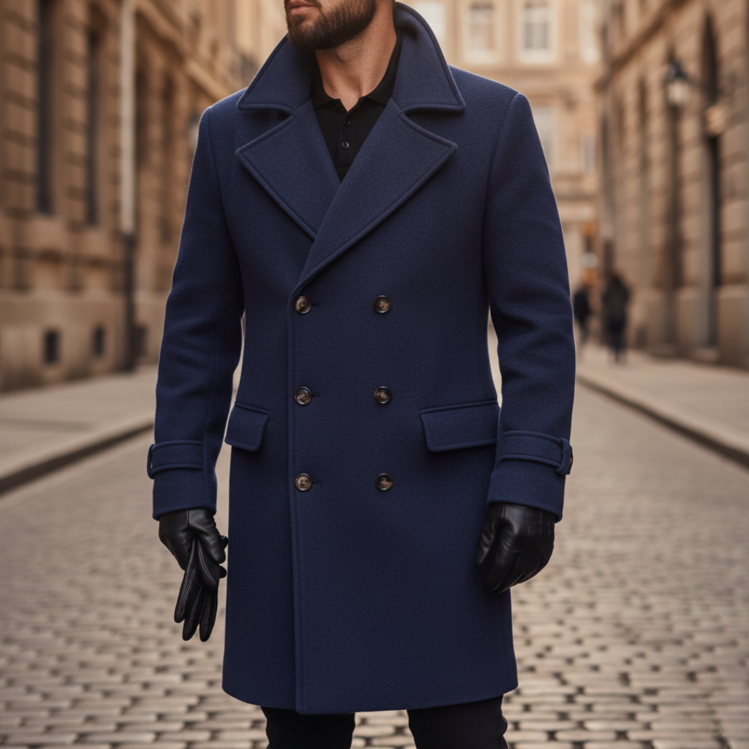 Manteau homme classique en laine à larges revers – Henri – Bleu