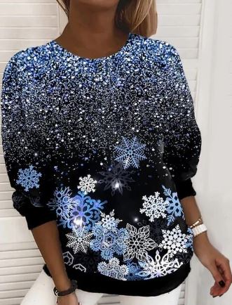 Sweat de Noël femme à flocons scintillants coupe ample – Noëlle - Bleu scintillant