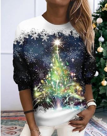 Sweat de Noël femme à flocons scintillants coupe ample – Noëlle - Blanc et vert