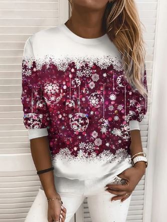 Sweat de Noël femme à flocons scintillants coupe ample – Noëlle - Blanc et rose