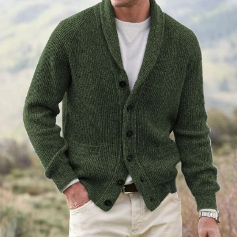 Cardigan homme en laine col V intemporel – Arthur – Vert olive
