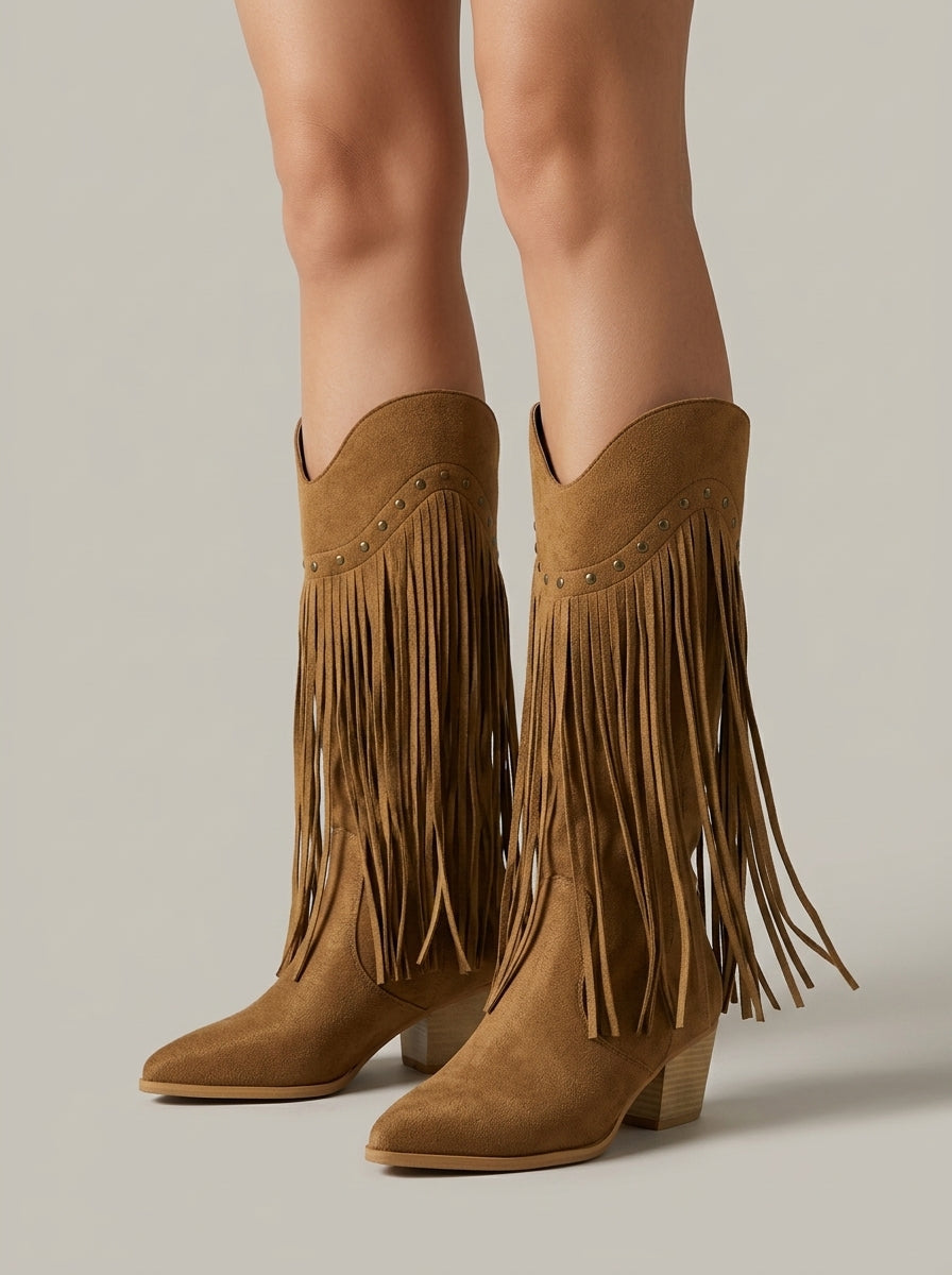 Bottes hautes femme en daim à franges et clous – Sasha – vue 1