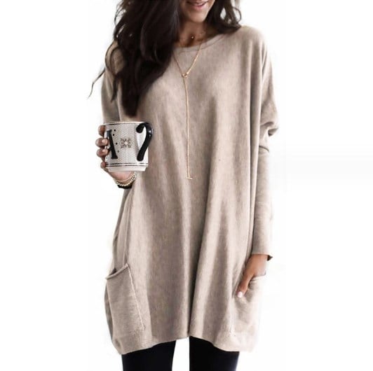 Robe pull femme oversize à manches longues et poches – Clara - Beige