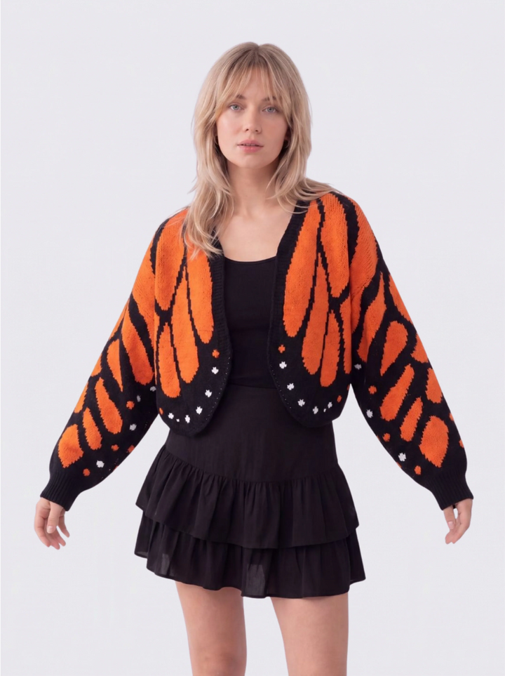 Cardigan femme en maille à motif ailes de papillon et col V – Louise - Orange