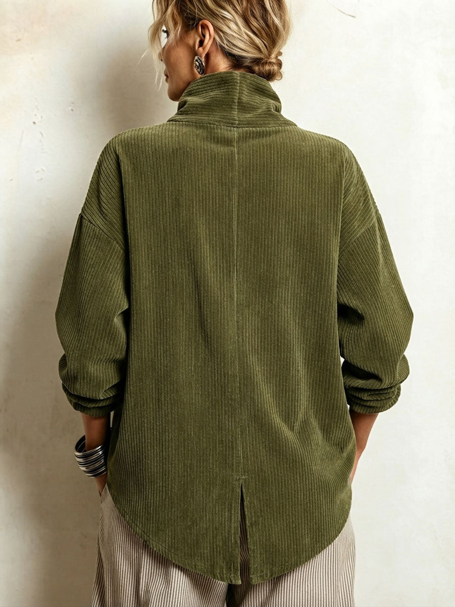 Pull femme en velours côtelé à col montant et boutonnage asymétrique – Capucine - vue 2