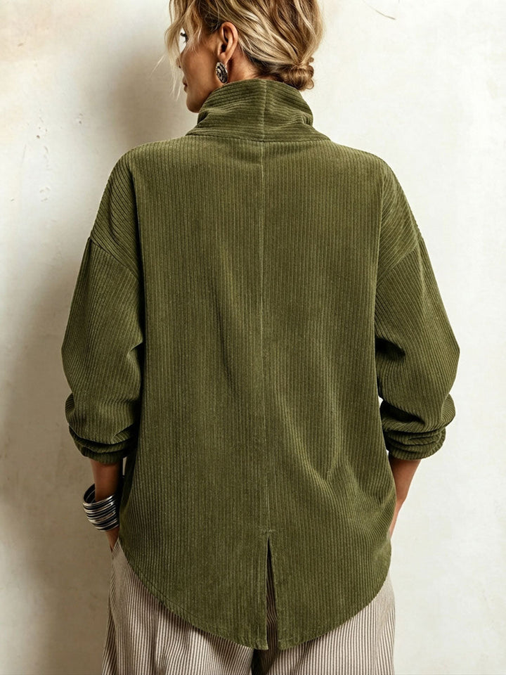 Pull femme en velours côtelé à col montant et boutonnage asymétrique – Capucine - vue 2