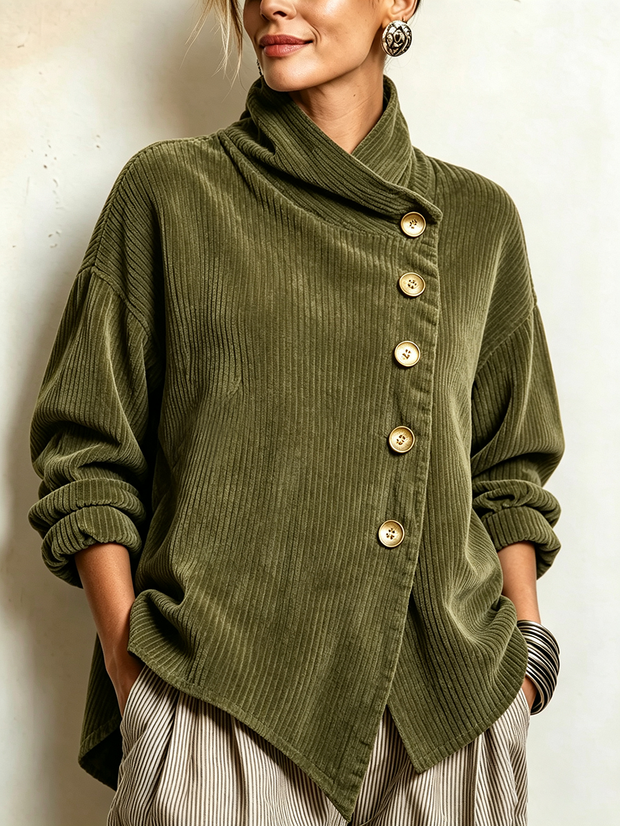Pull femme en velours côtelé à col montant et boutonnage asymétrique – Capucine - Vert
