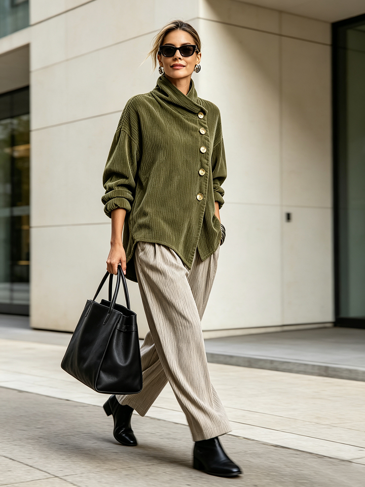 Pull femme en velours côtelé à col montant et boutonnage asymétrique – Capucine - vue 4