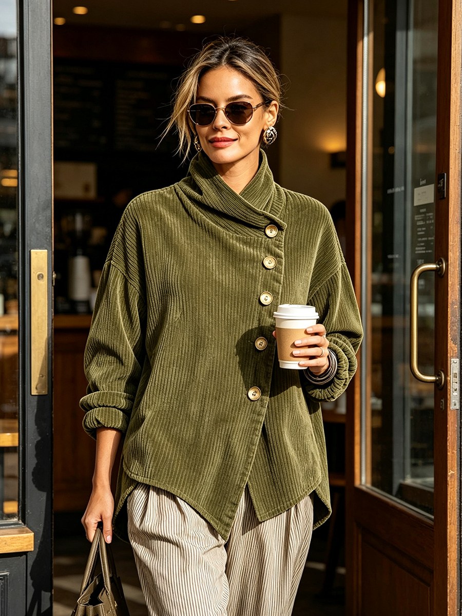 Pull femme en velours côtelé à col montant et boutonnage asymétrique – Capucine - vue 3