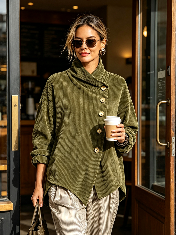Pull femme en velours côtelé à col montant et boutonnage asymétrique – Capucine - vue 3