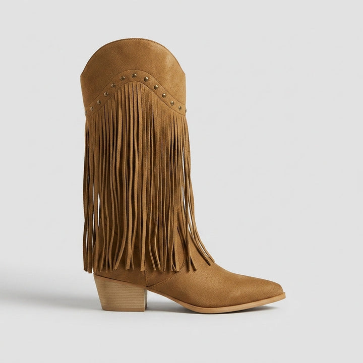 Bottes hautes femme en daim à franges et clous – Sasha – Marron clair
