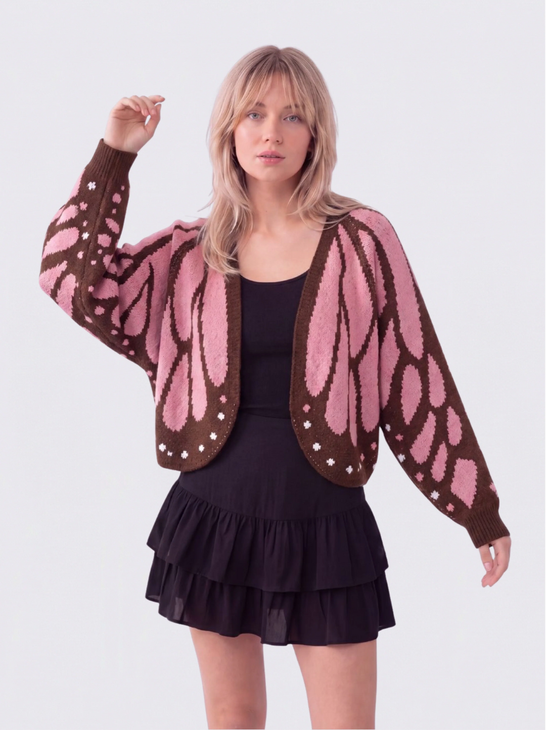 Cardigan femme en maille à motif ailes de papillon et col V – Louise - Rose