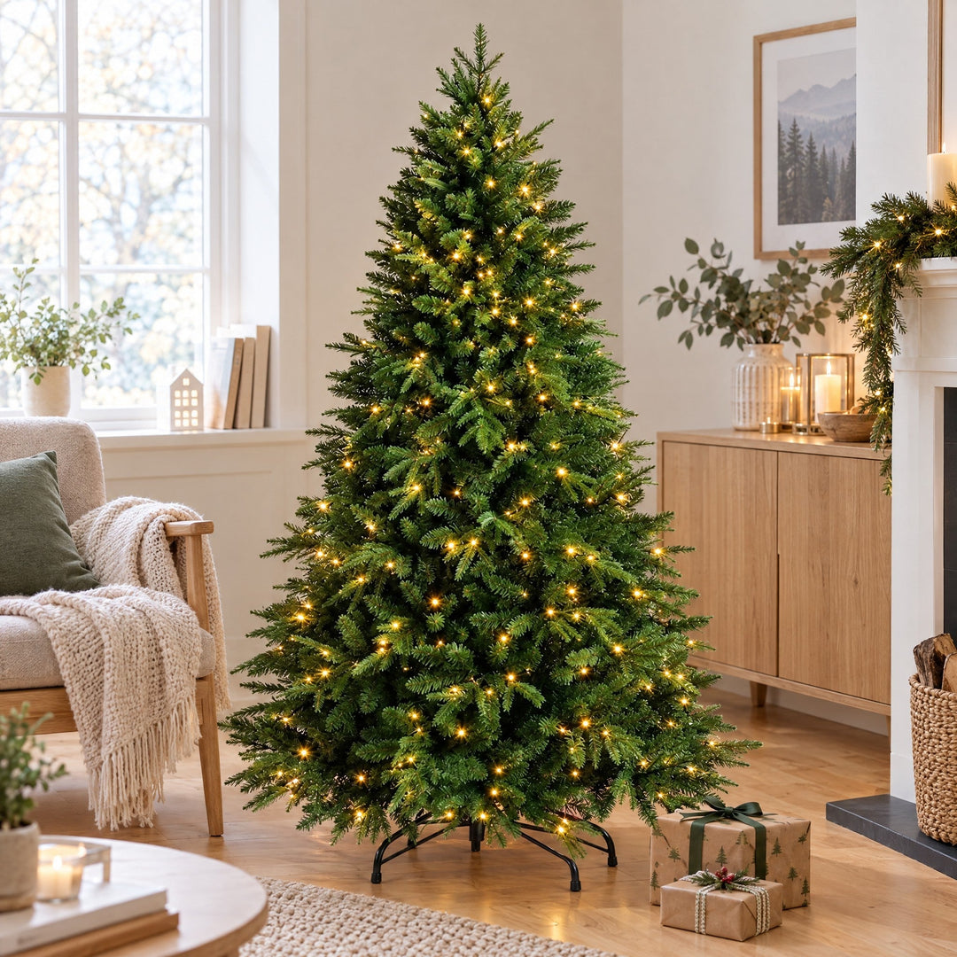 Sapin de Noël Artificiel Lumineux 120, 150, 180 cm – LED Blanc Chaud, jusqu'à 800 Pointes