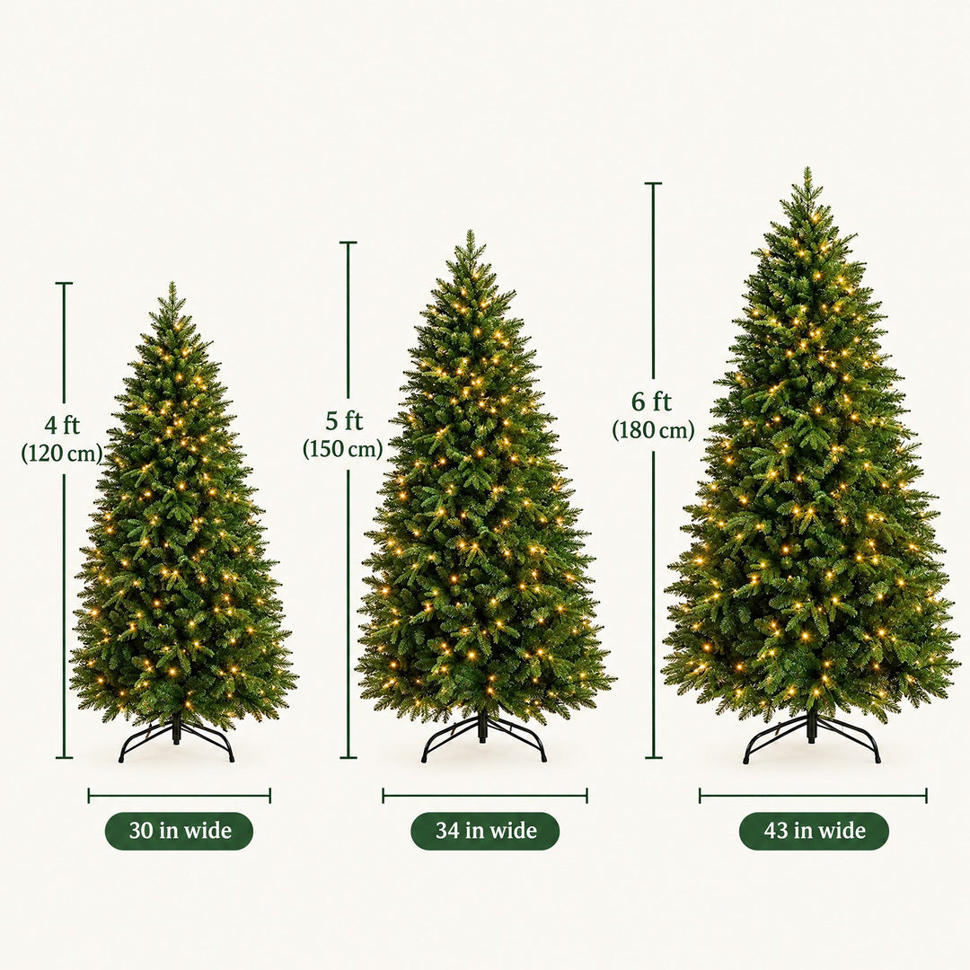 Sapin de Noël Artificiel Lumineux 120, 150, 180 cm – LED Blanc Chaud, jusqu'à 800 Pointes