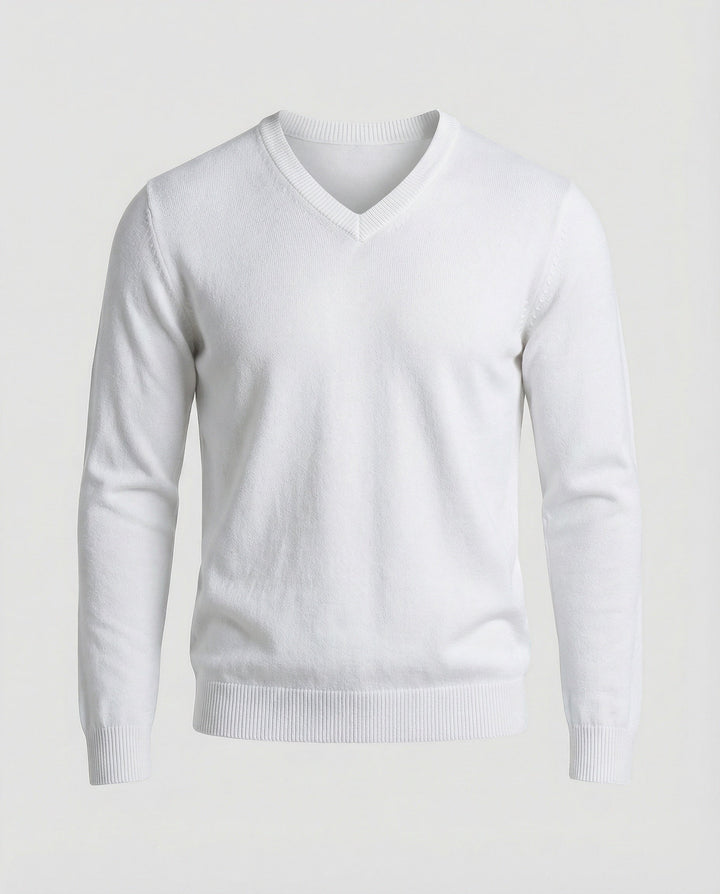 Pull col V homme en maille fine de coton coupe moderne – Sacha – Blanc