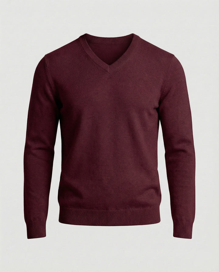 Pull col V homme en maille fine de coton coupe moderne – Sacha – Bordeaux