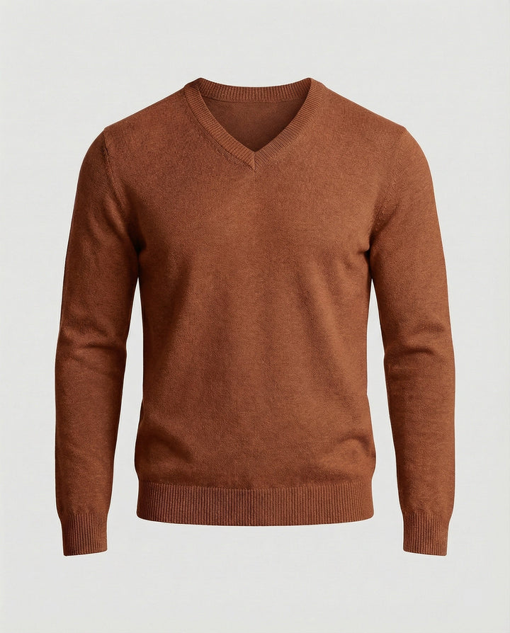 Pull col V homme en maille fine de coton coupe moderne – Sacha – Caramel