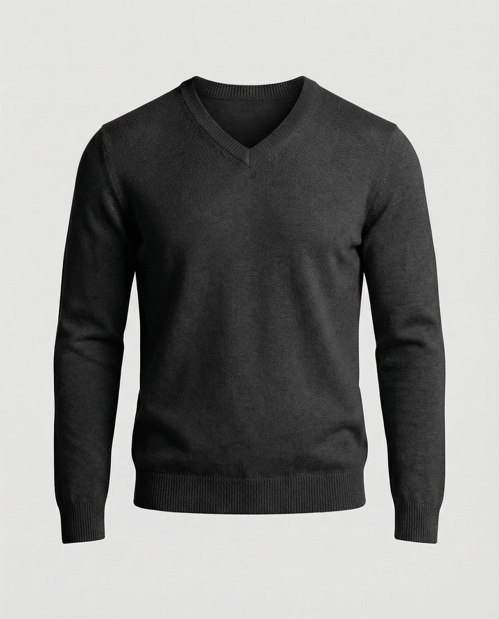 Pull col V homme en maille fine de coton coupe moderne – Sacha – Noir