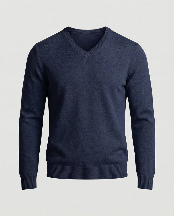 Pull col V homme en maille fine de coton coupe moderne – Sacha – Bleu foncé
