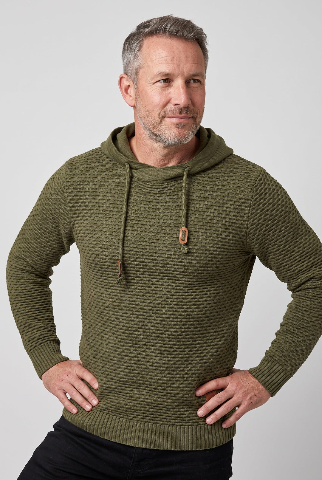 Pull à capuche homme en maille nid d'abeille à cordon de serrage – Achille – Vert armée