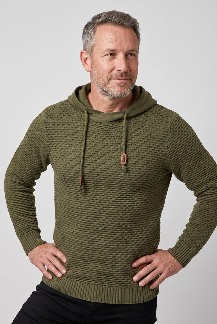 Pull à capuche homme en maille nid d'abeille à cordon de serrage – Achille – Vert armée