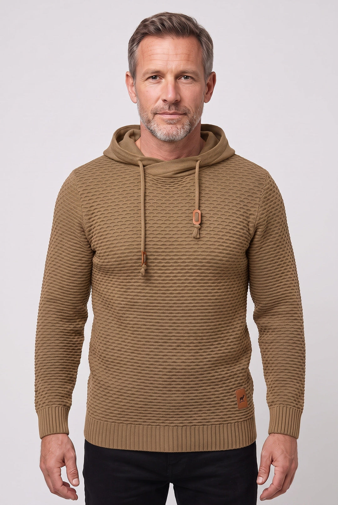 Pull à capuche homme en maille nid d'abeille à cordon de serrage – Achille – Marron