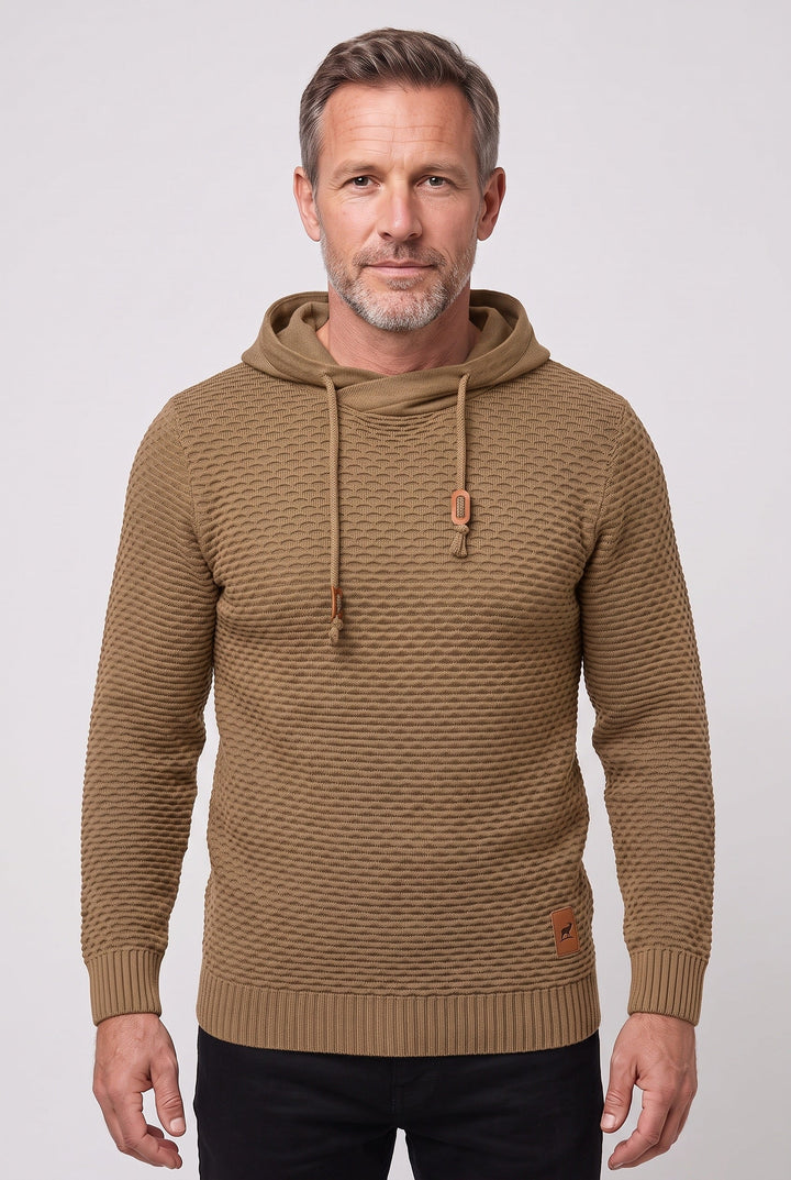 Pull à capuche homme en maille nid d'abeille à cordon de serrage – Achille – Marron